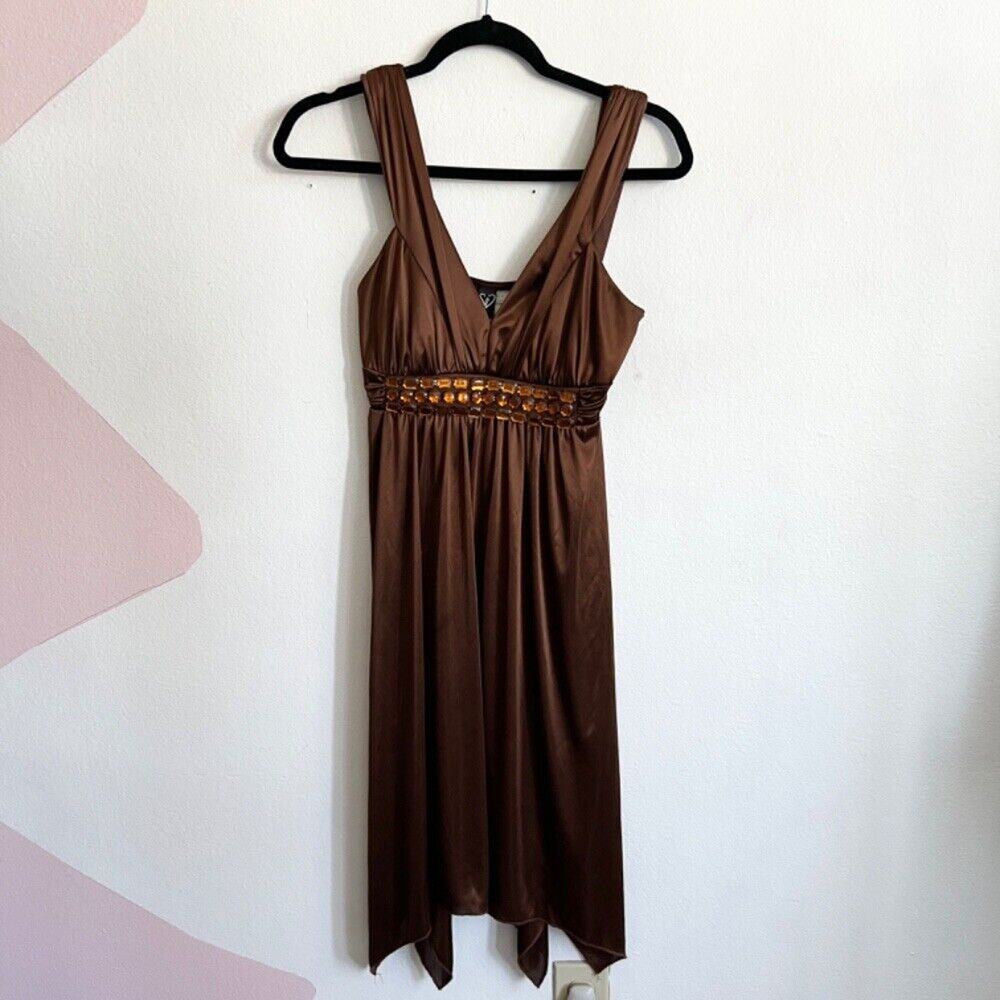 Brown Beaded‎ Babydoll Dress, Y2K, Boho, Vintage, Retro, Elegant, Formal, Medium